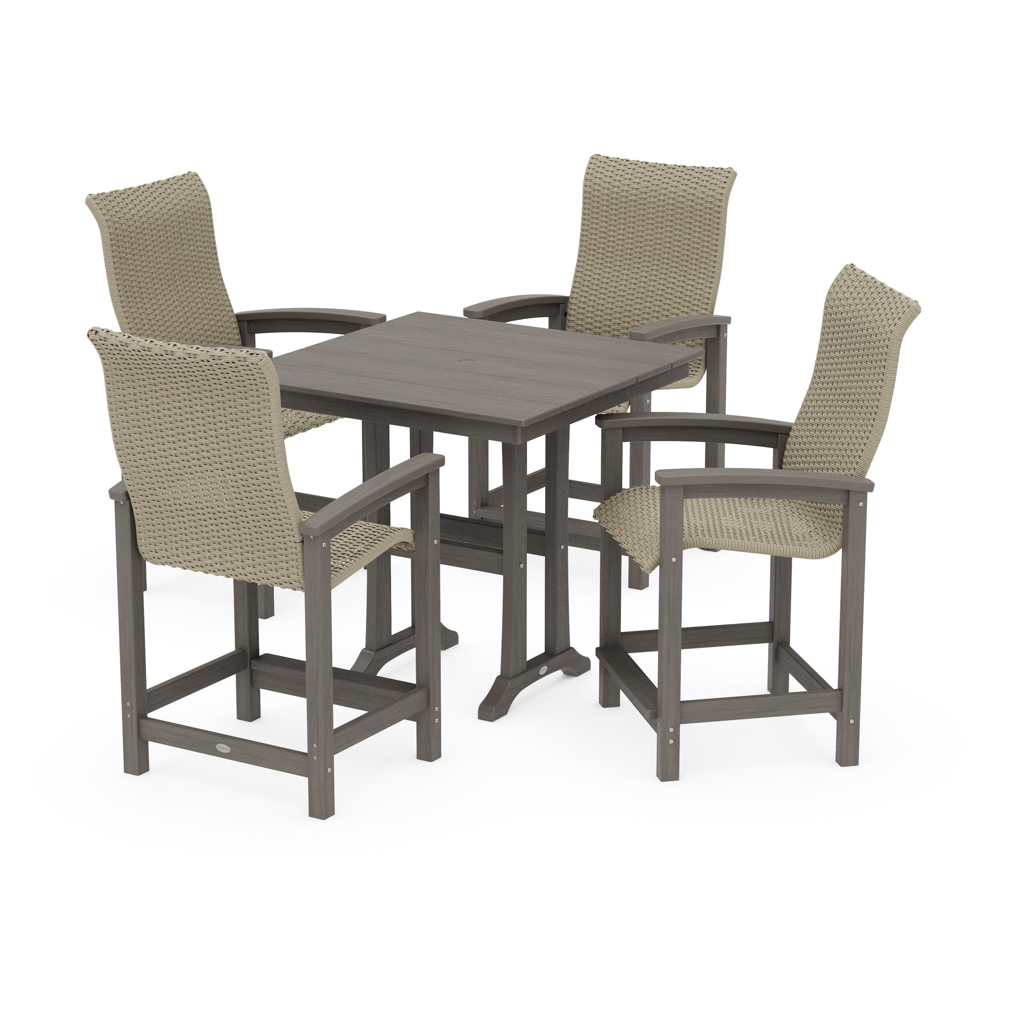 Coastal Woven High-Back 5-Piece Farmhouse Counter Set with Trestle Legs