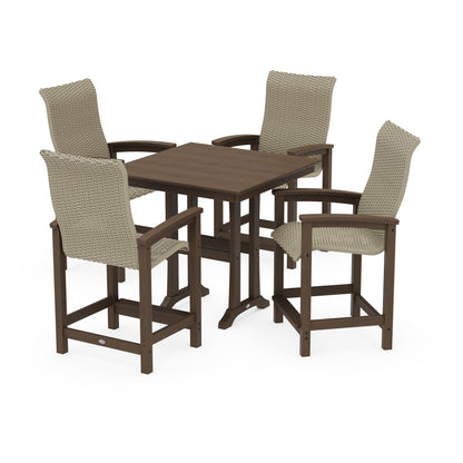 Coastal Woven High-Back 5-Piece Farmhouse Counter Set with Trestle Legs