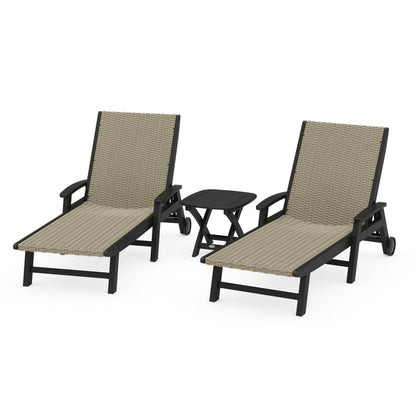 3-Piece Coastal Woven Chaise with Arms and Wheels Chaise Lounge Set
