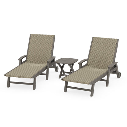 3-Piece Coastal Woven Chaise with Arms and Wheels Chaise Lounge Set