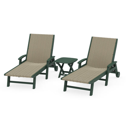 3-Piece Coastal Woven Chaise with Arms and Wheels Chaise Lounge Set